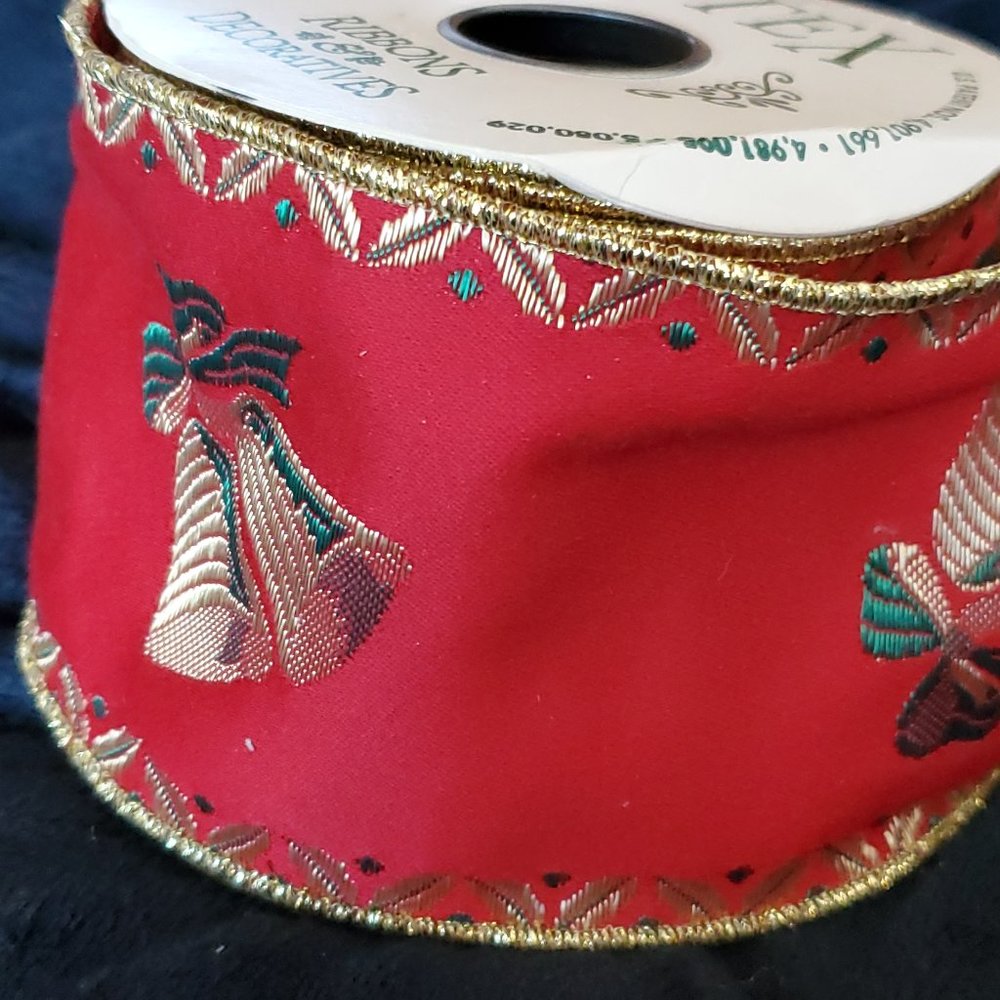 Vintage R-Tex Heavy Brocade Christmas Bells Ribbon 3" wide x 4.5 yrds-Gold Edge